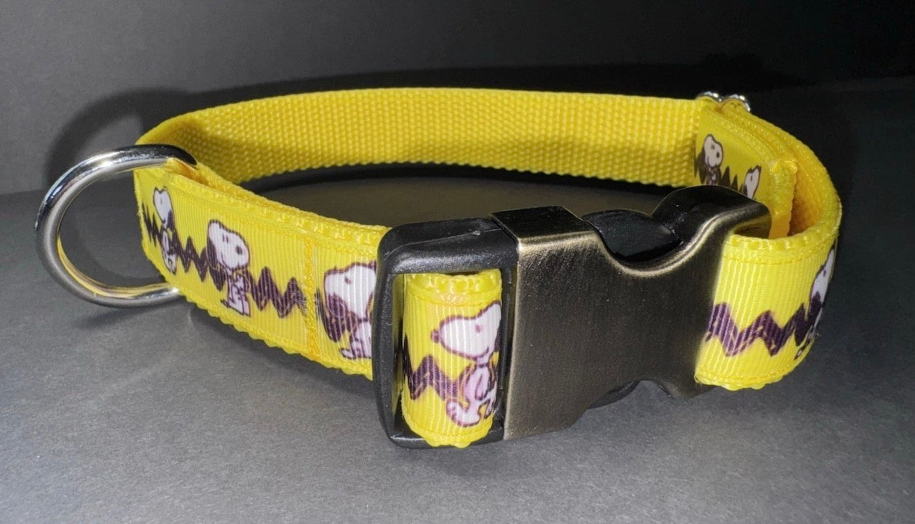 Dog Collar Peanuts Gang Snoopy Large Yellow Handmade Heavy Duty W/Buckle