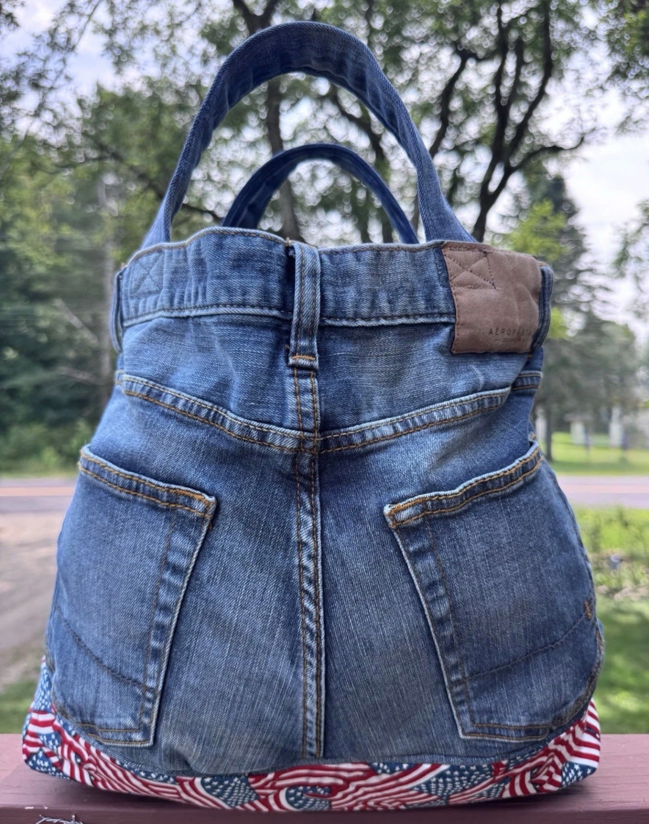 American Flag Jeans Handmade Medium Size Repurposed Denim Blue Jeans Bag Tote For Beach, Groceries, Work, Or Purse